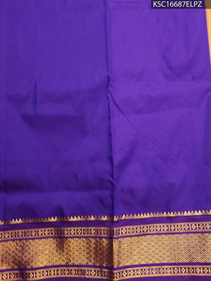 Golden Blended Soft Silk Saree with Subtle Buttas and Rich Purple Brocade Pallu - Image 3