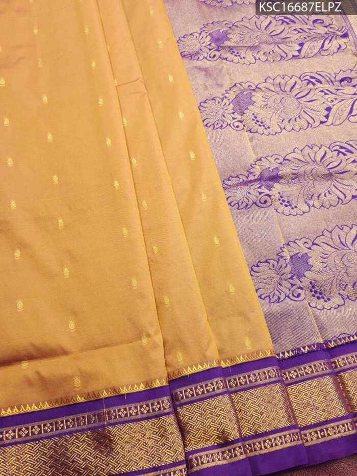 Golden Blended Soft Silk Saree with Subtle Buttas and Rich Purple Brocade Pallu - Image 1