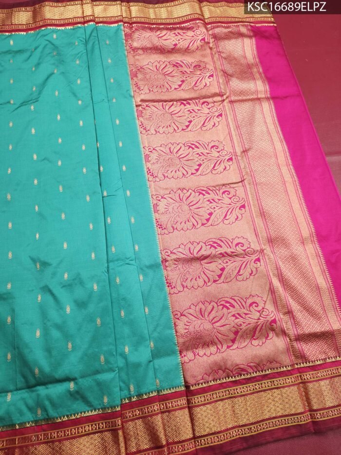 Turquoise Blended Soft Silk Saree with Floral Brocade Pallu and Rich Zari Border - Image 2