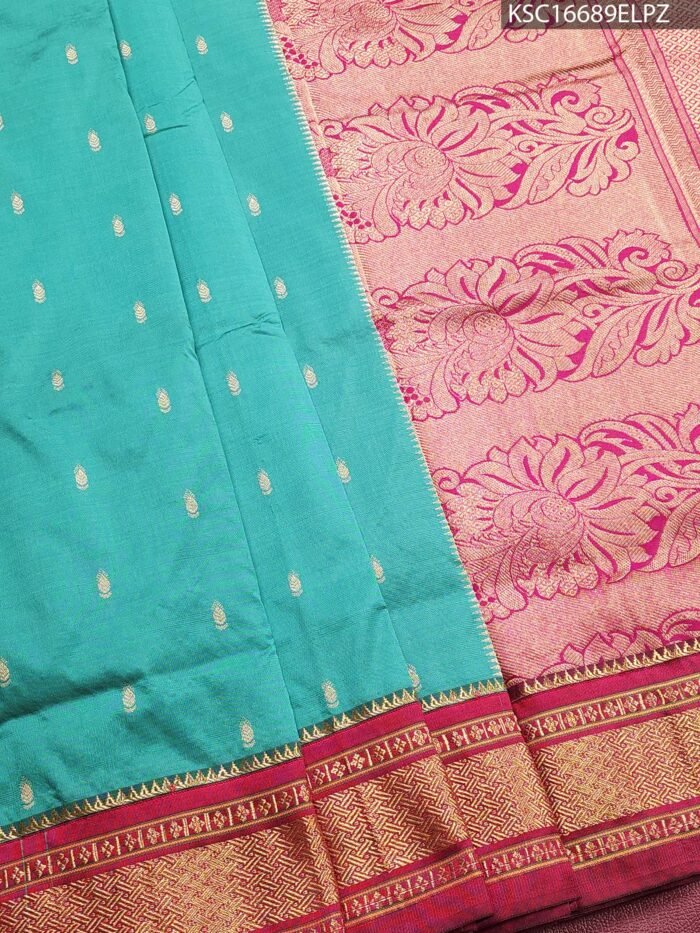 Turquoise Blended Soft Silk Saree with Floral Brocade Pallu and Rich Zari Border - Image 1