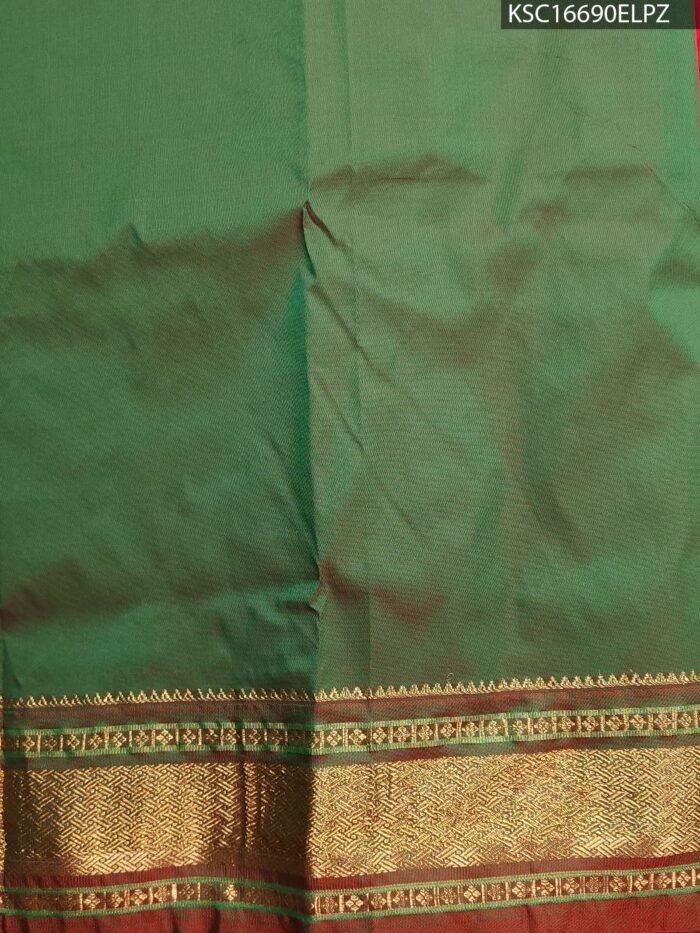 Vibrant Red Blended Soft Silk Saree with Gold Butti Motifs and Rich Green Zari Pallu - Image 3