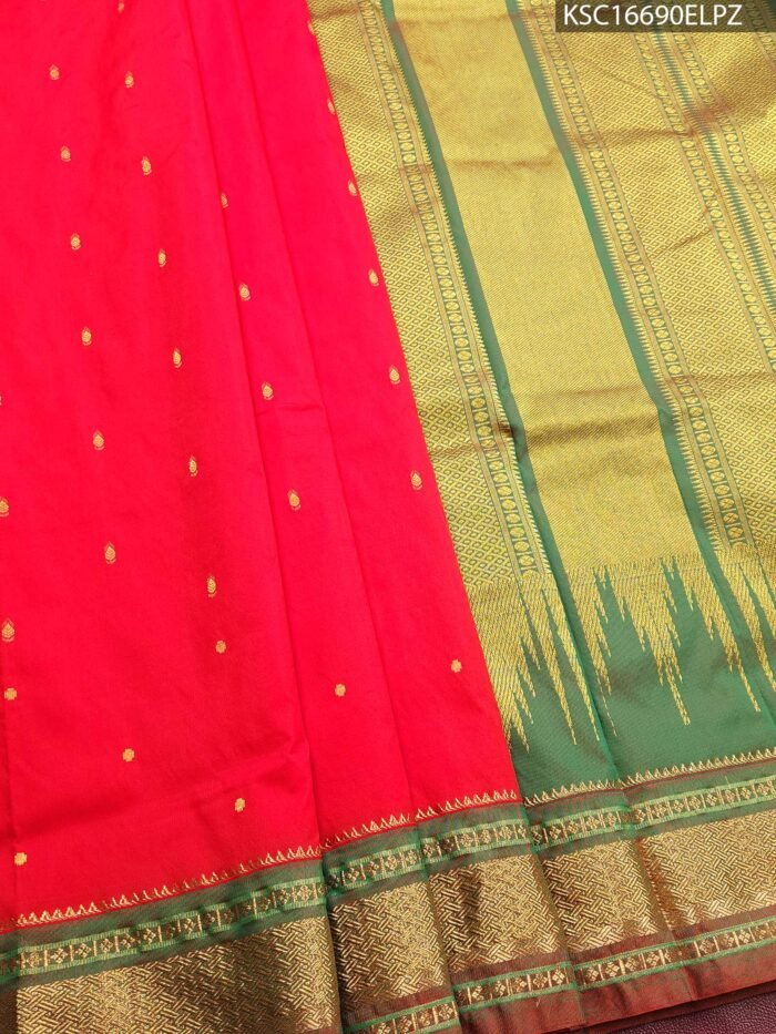 Vibrant Red Blended Soft Silk Saree with Gold Butti Motifs and Rich Green Zari Pallu - Image 1