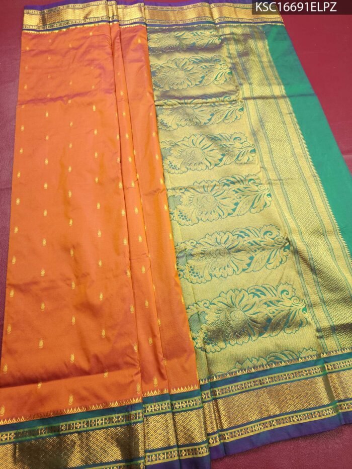Orange Blended Soft Silk Saree with Floral Brocade Pallu and Zari Woven Border - Image 2