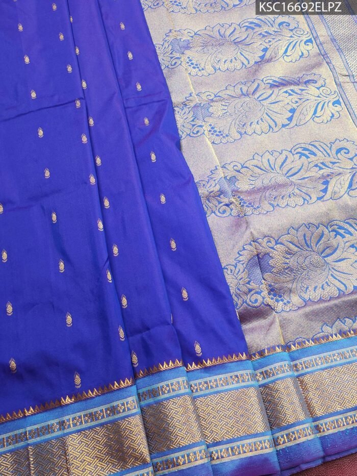 Royal Blue Blended Soft Silk Saree with Paisley Motifs and Rich Zari Floral Pallu - Image 1