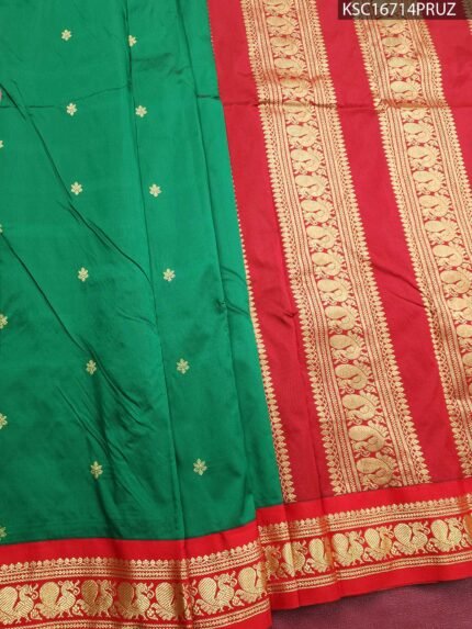 Green Blended Soft Silk Saree with Floral Motifs and Rich Zari Woven Border