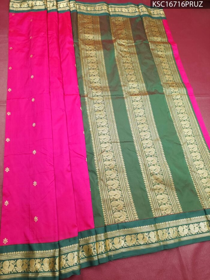 Green and Pink Blended Soft Silk Saree with Majestic Elephant Motifs and Rich Zari Border - Image 1