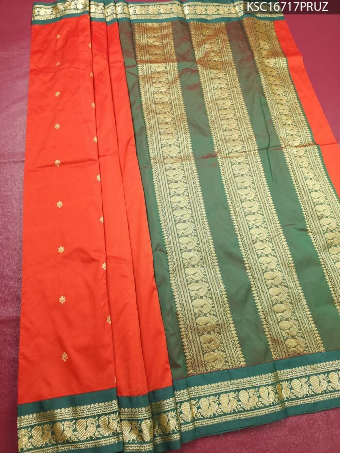 Orange Blended Soft Silk Saree with Floral Motifs and Rich Green Zari Pallu and Border - Image 1