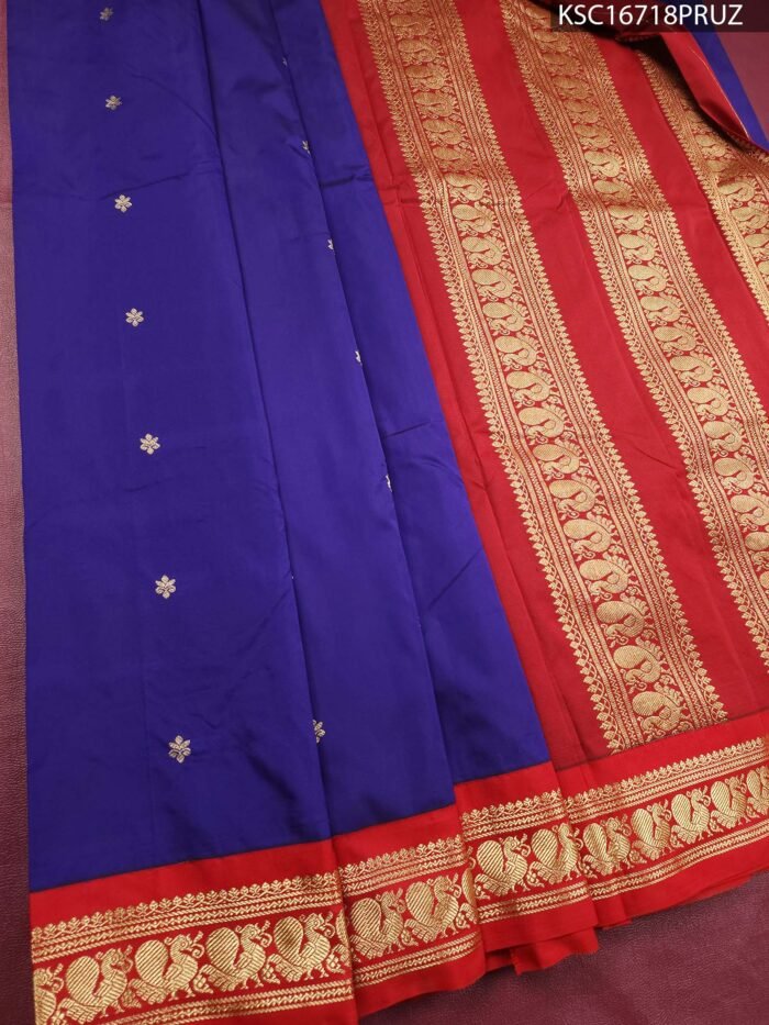 Royal Blue Blended Soft Silk Saree with Gold Motifs and Rich Red Zari Border - Image 1