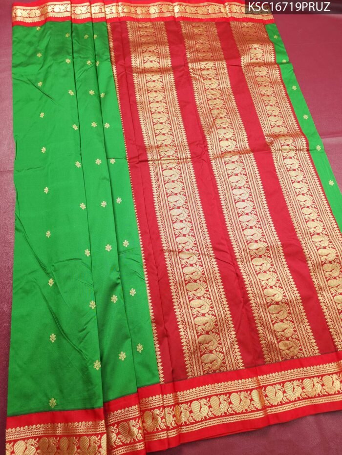 Green Blended Soft Silk Saree with Delicate Motifs and Rich Red Zari Woven Border - Image 2