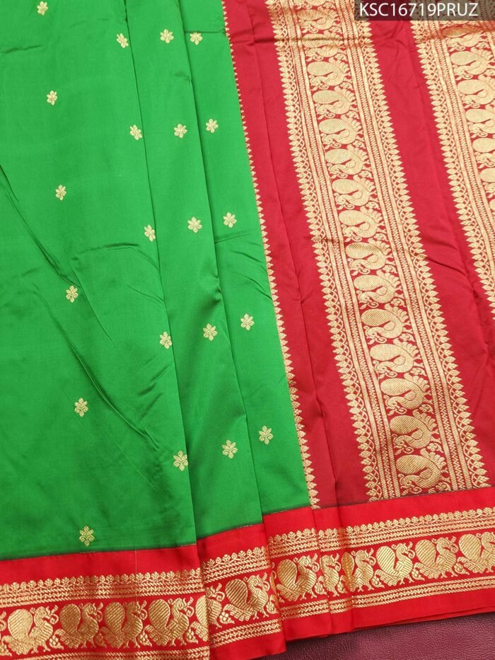 Green Blended Soft Silk Saree with Delicate Motifs and Rich Red Zari Woven Border - Image 1