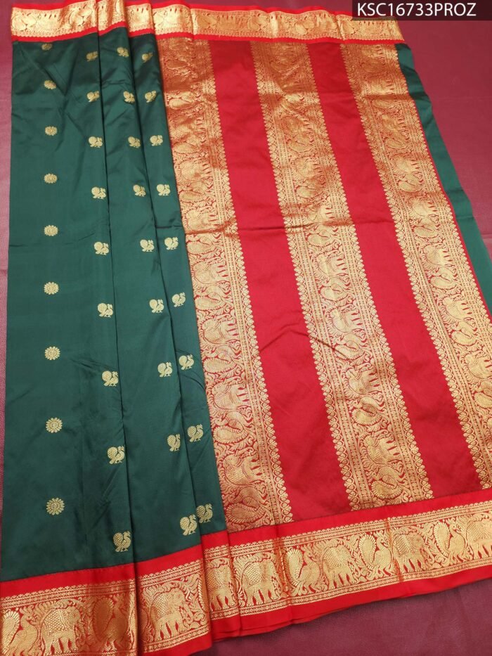 Green and Red Blended Soft Silk Saree with Elephant Motifs and Rich Zari Border - Image 2