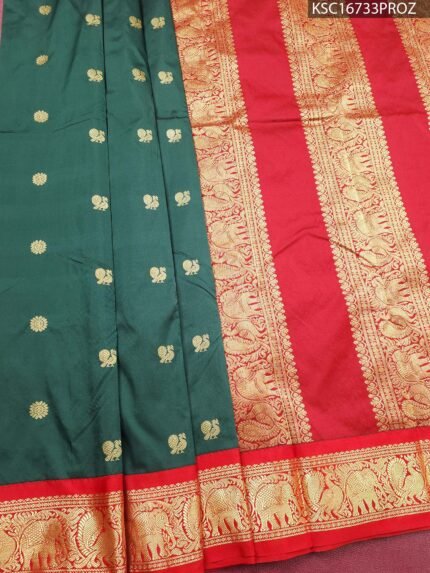 Green and Red Blended Soft Silk Saree with Elephant Motifs and Rich Zari Border