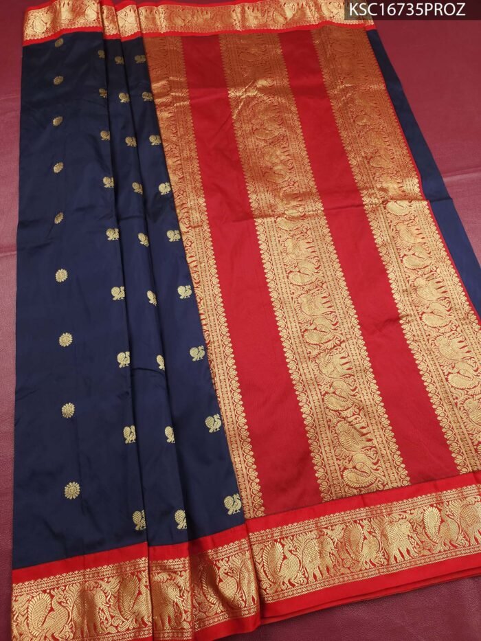 Navy Blue and Red Blended Soft Silk Saree with Gold Motifs and Rich Zari Pallu - Image 1