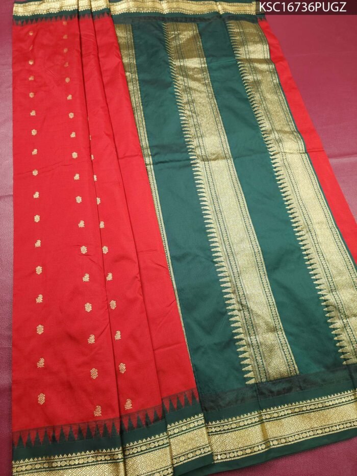 Red and Green Blended Soft Silk Saree with Floral Motifs and Zari Temple Border - Image 2