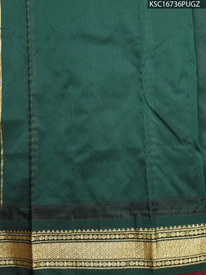 Red and Green Blended Soft Silk Saree with Floral Motifs and Zari Temple Border - Image 3