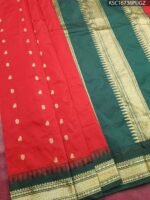 Red and Green Blended Soft Silk Saree with Floral Motifs and Zari Temple Border