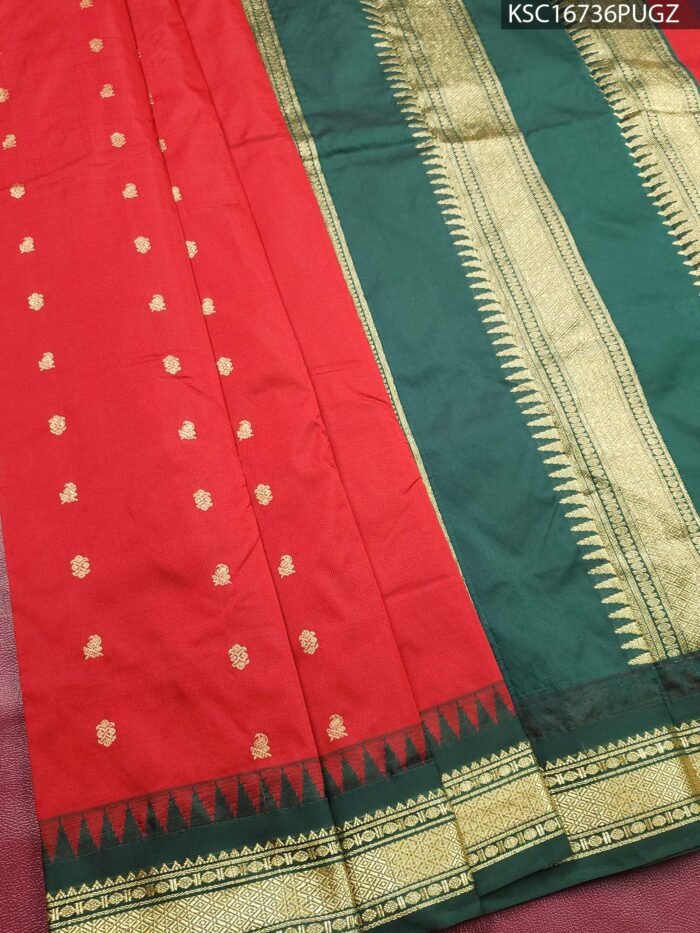 Red and Green Blended Soft Silk Saree with Floral Motifs and Zari Temple Border - Image 1