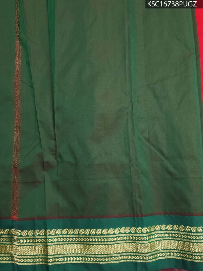 Red and Green Blended Soft Silk Saree with Rich Zari Striped Pallu and Floral Border - Image 2