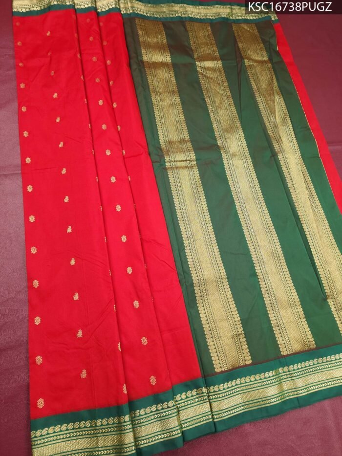 Red and Green Blended Soft Silk Saree with Rich Zari Striped Pallu and Floral Border - Image 1