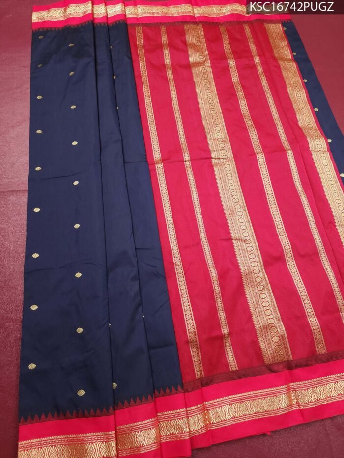 Navy Blue Blended Soft Silk Saree with Gold Motifs and Rich Zari Border - Image 2