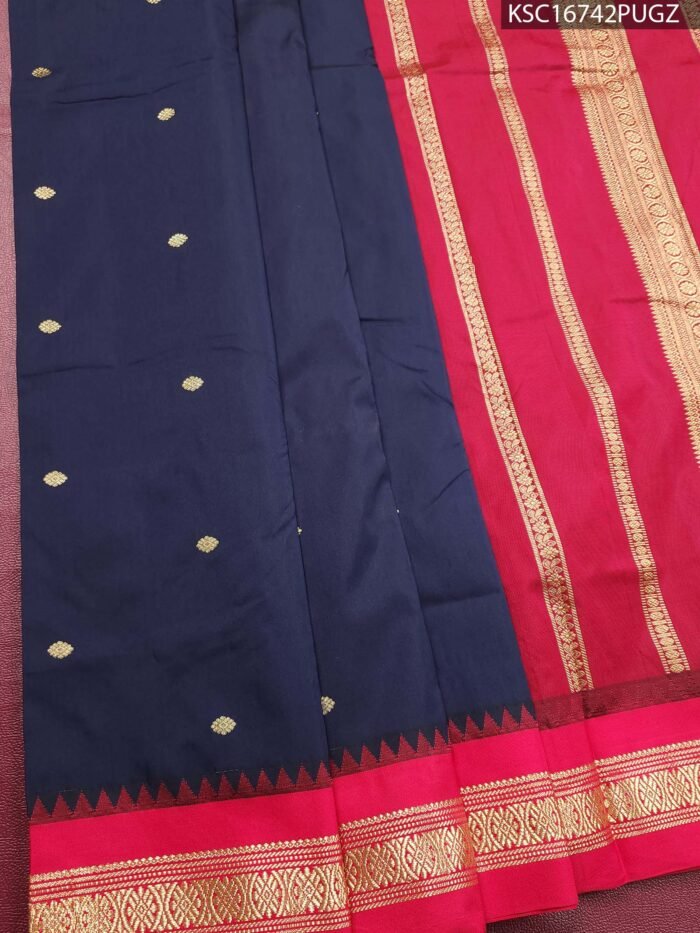 Navy Blue Blended Soft Silk Saree with Gold Motifs and Rich Zari Border - Image 1