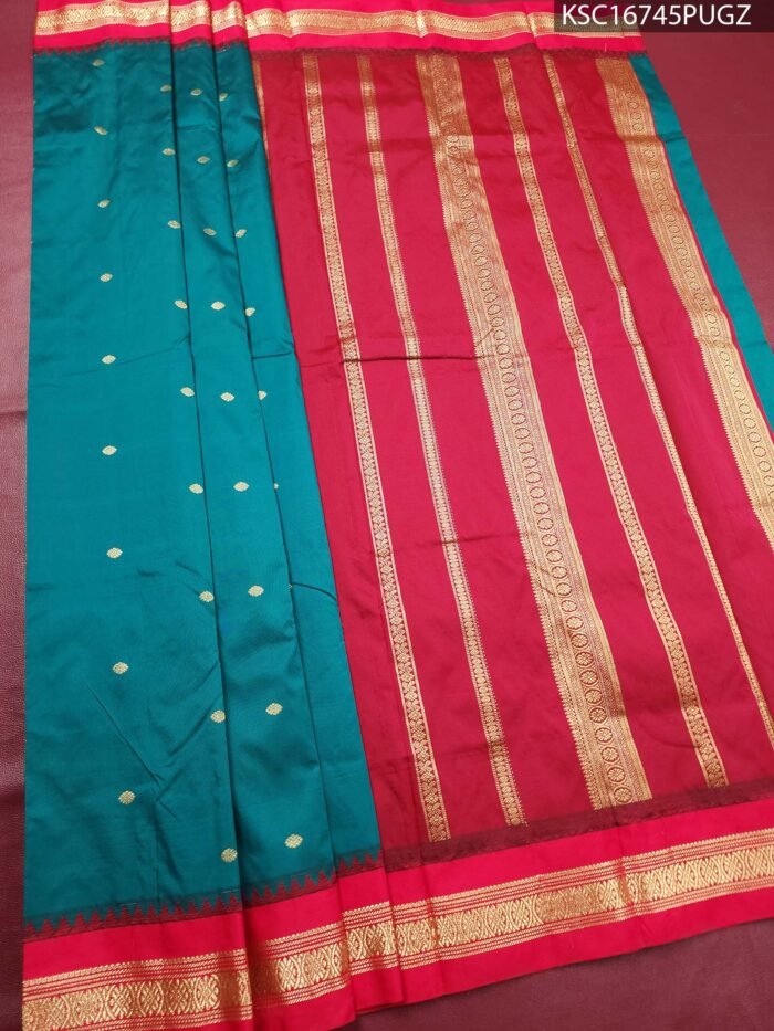 Teal Blended Soft Silk Saree with Gold Butti Motifs and Rich Maroon Zari Border - Image 2