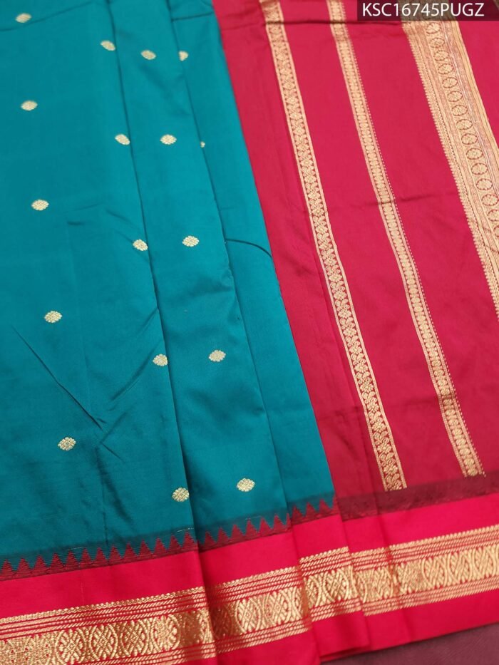 Teal Blended Soft Silk Saree with Gold Butti Motifs and Rich Maroon Zari Border - Image 1