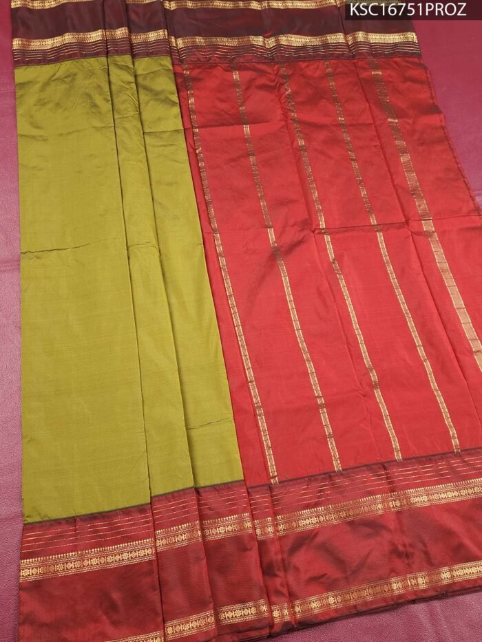 Olive Green and Maroon Blended Soft Silk Saree with Striped Pallu and Zari Border - Image 1