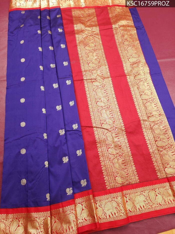 Royal Blue Blended Soft Silk Saree with Paisley Motifs and Rich Zari Elephant Border - Image 2