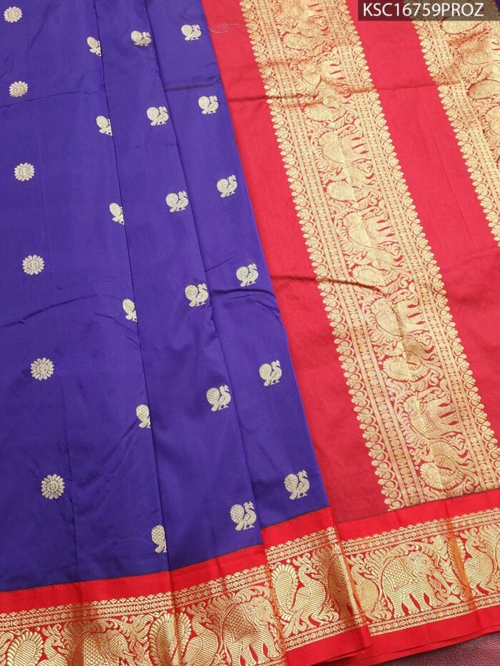 Royal Blue Blended Soft Silk Saree with Paisley Motifs and Rich Zari Elephant Border - Image 1