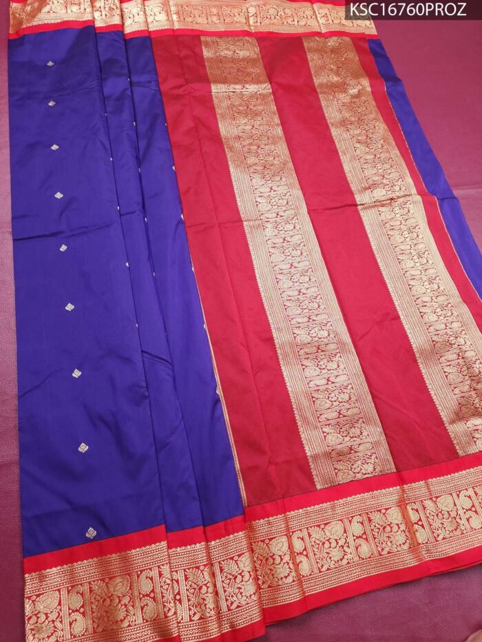 Royal Blue Blended Soft Silk Saree with Red Rich Zari Floral Border - Image 2