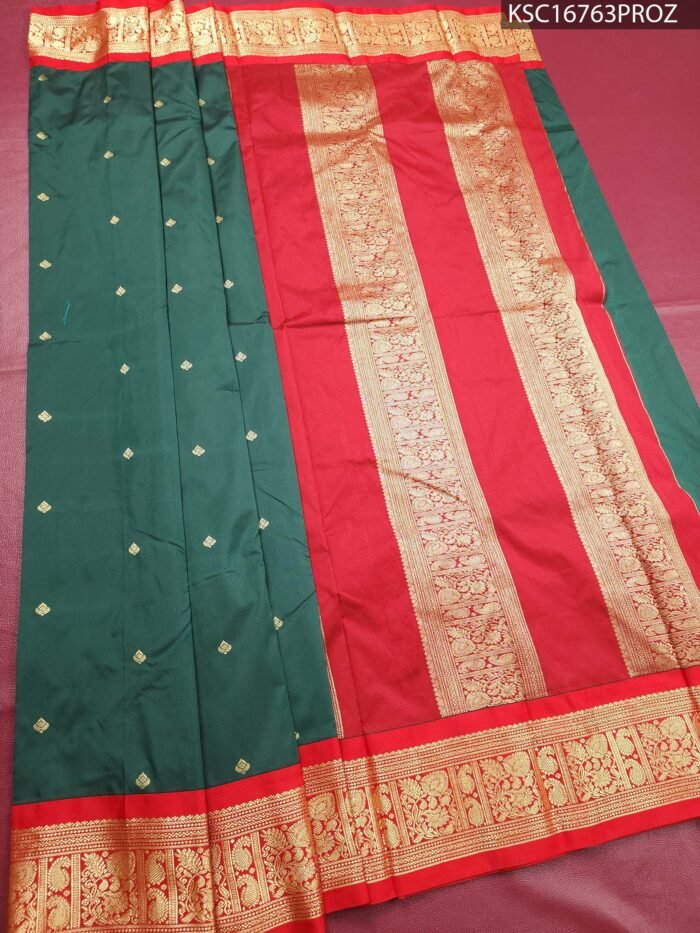 Green Blended Soft Silk Saree with Rich Zari Work and Contrasting Red Pallu - Image 2