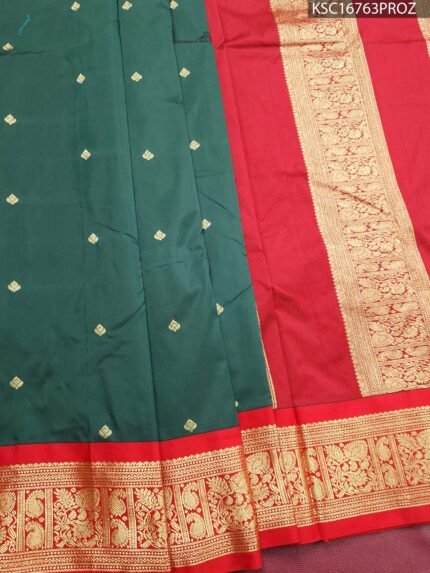 Green Blended Soft Silk Saree with Rich Zari Work and Contrasting Red Pallu