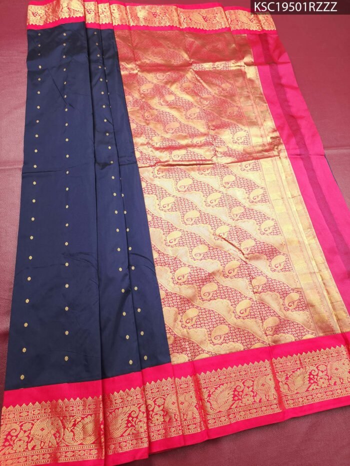 Navy Blue Blended Soft Silk Saree with Dotted Body and Rich Peacock Motif Zari Woven Border - Image 1