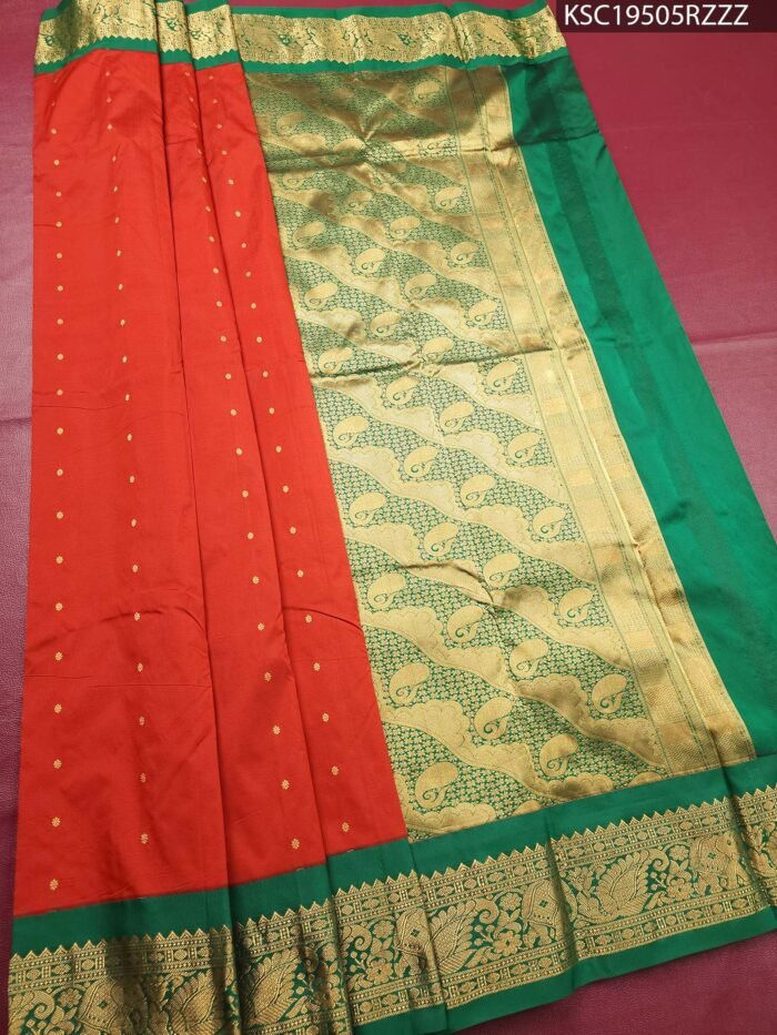 Orange Blended Soft Silk Saree with Floral Motifs and Rich Brocade Pallu - Image 2