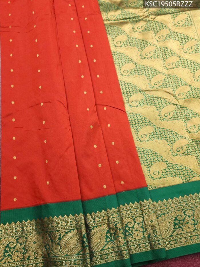 Orange Blended Soft Silk Saree with Floral Motifs and Rich Brocade Pallu - Image 1