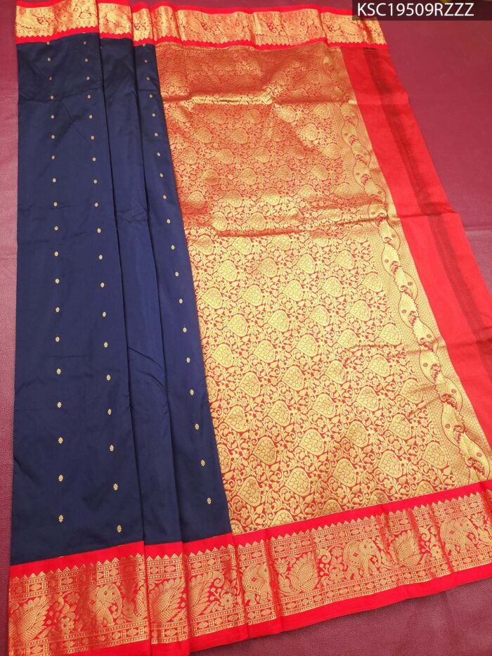 Navy Blue and Red Blended Soft Silk Saree with Rich Brocade Pallu and Intricate Peacock Zari Border - Image 1