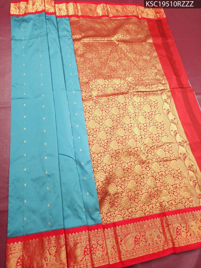 Turquoise Blended Soft Silk Saree with Delicate Motifs and Rich Red Zari Woven Border - Image 2