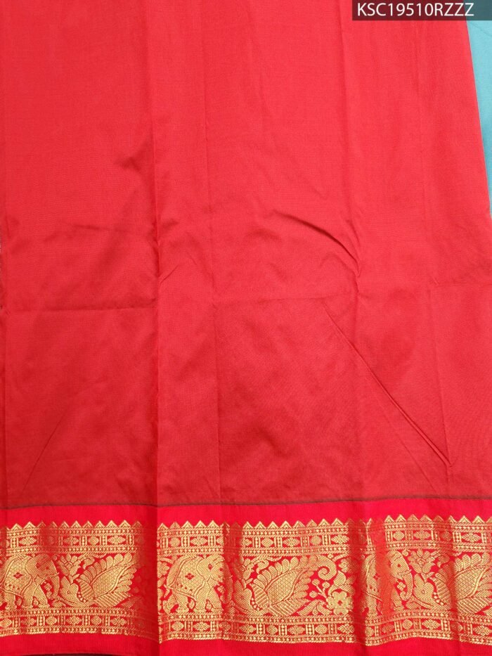 Turquoise Blended Soft Silk Saree with Delicate Motifs and Rich Red Zari Woven Border - Image 3