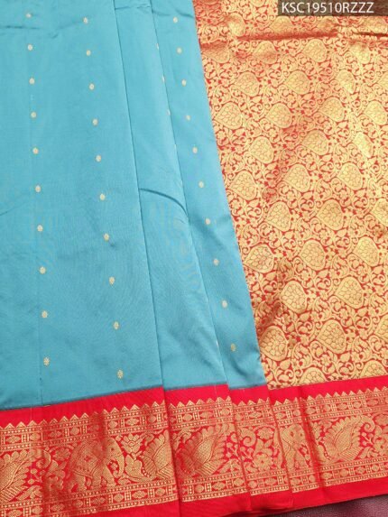 Turquoise Blended Soft Silk Saree with Delicate Motifs and Rich Red Zari Woven Border