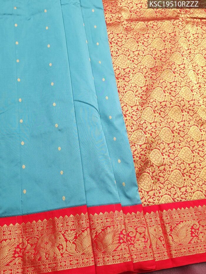 Turquoise Blended Soft Silk Saree with Delicate Motifs and Rich Red Zari Woven Border - Image 1