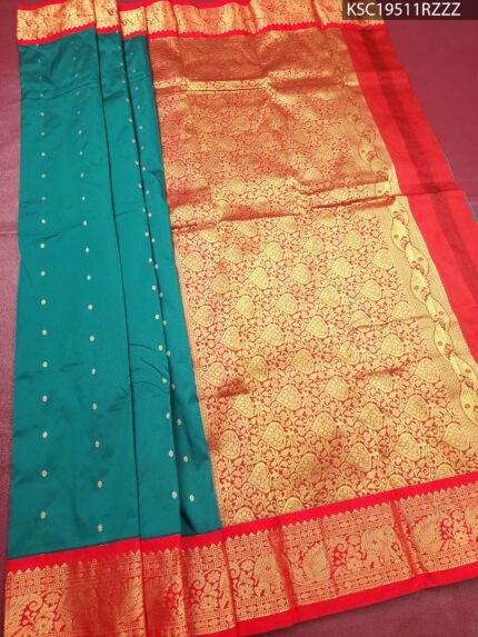 Teal Blended Soft Silk Saree with Rich Zari Pallu and Intricate Red Border