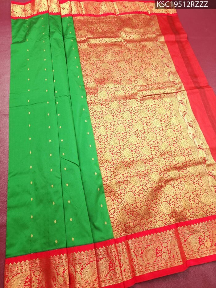 Green Blended Soft Silk Saree with Paisley Motifs, Rich Brocade Pallu, and Zari Peacock Border - Image 2