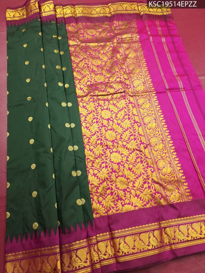 Green Blended Soft Silk Saree with Floral Motifs, Vibrant Pallu, and Rich Zari Border - Image 2