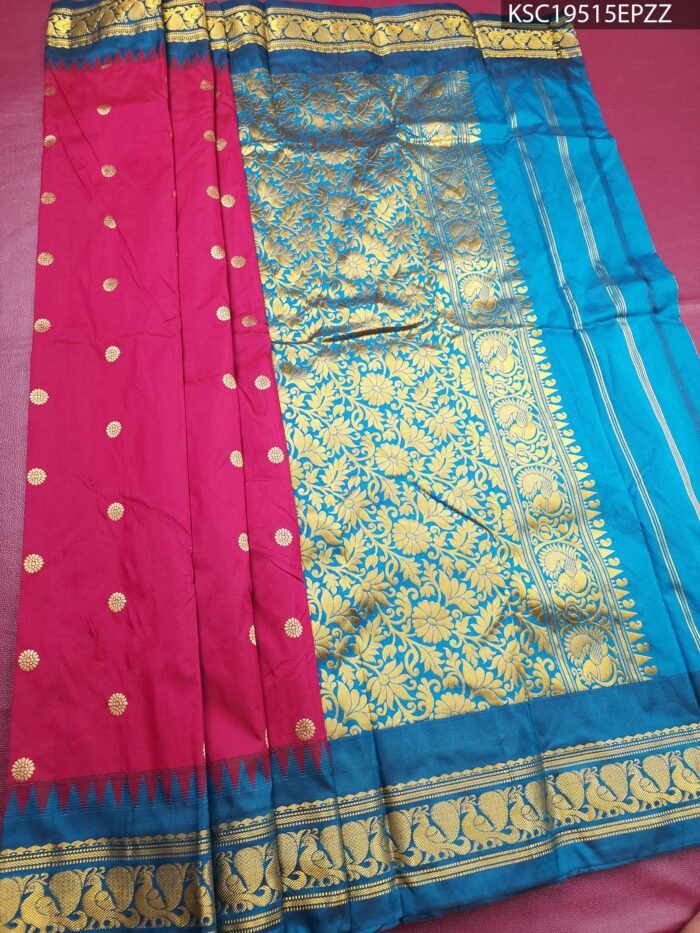 Magenta and Blue Blended Soft Silk Saree with Floral Brocade Pallu and Traditional Zari Border - Image 1