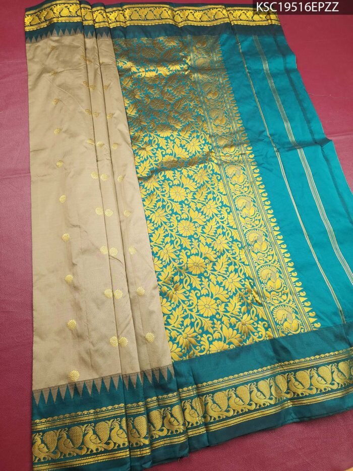 Beige and Teal Blended Soft Silk Saree with Floral Zari Brocade and Temple Design Border - Image 1