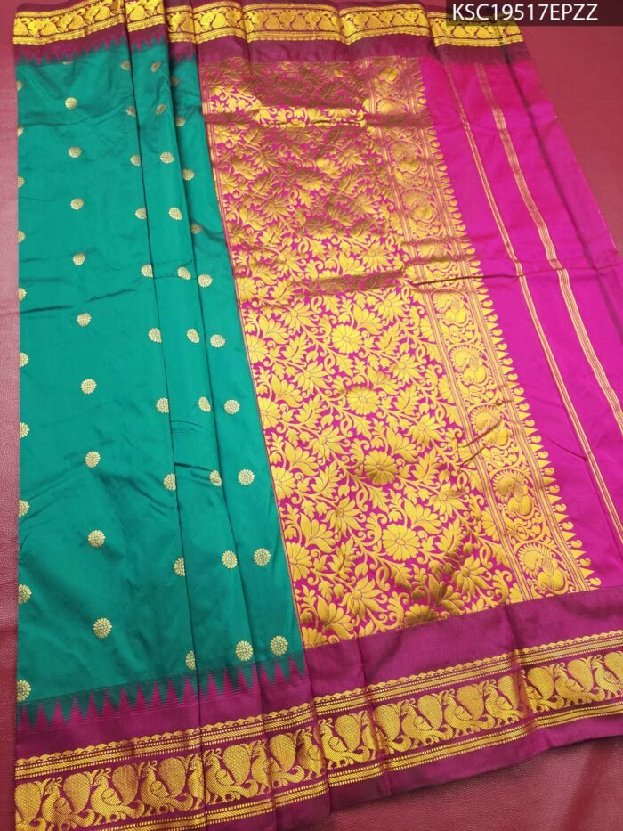 Turquoise Coloured Blended Soft Silk Saree with Floral Motifs and Zari Work Pallu - Image 2