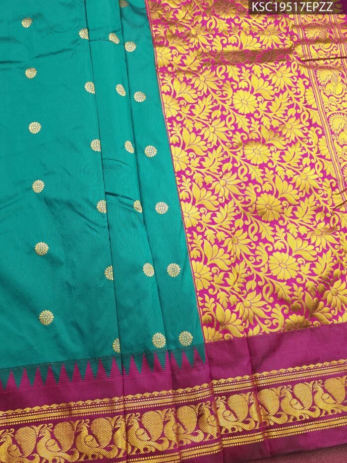 Turquoise Coloured Blended Soft Silk Saree with Floral Motifs and Zari Work Pallu - Image 1