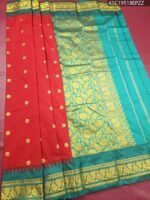 Red and Teal Coloured Blended Soft Silk Saree with Polka Dot Body and Floral Zari Border