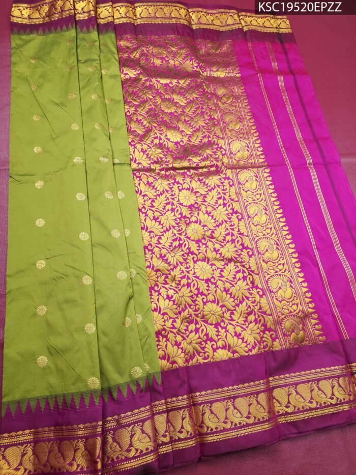 Green and Magenta Blended Soft Silk Saree with Floral Brocade and Rich Zari Border - Image 1